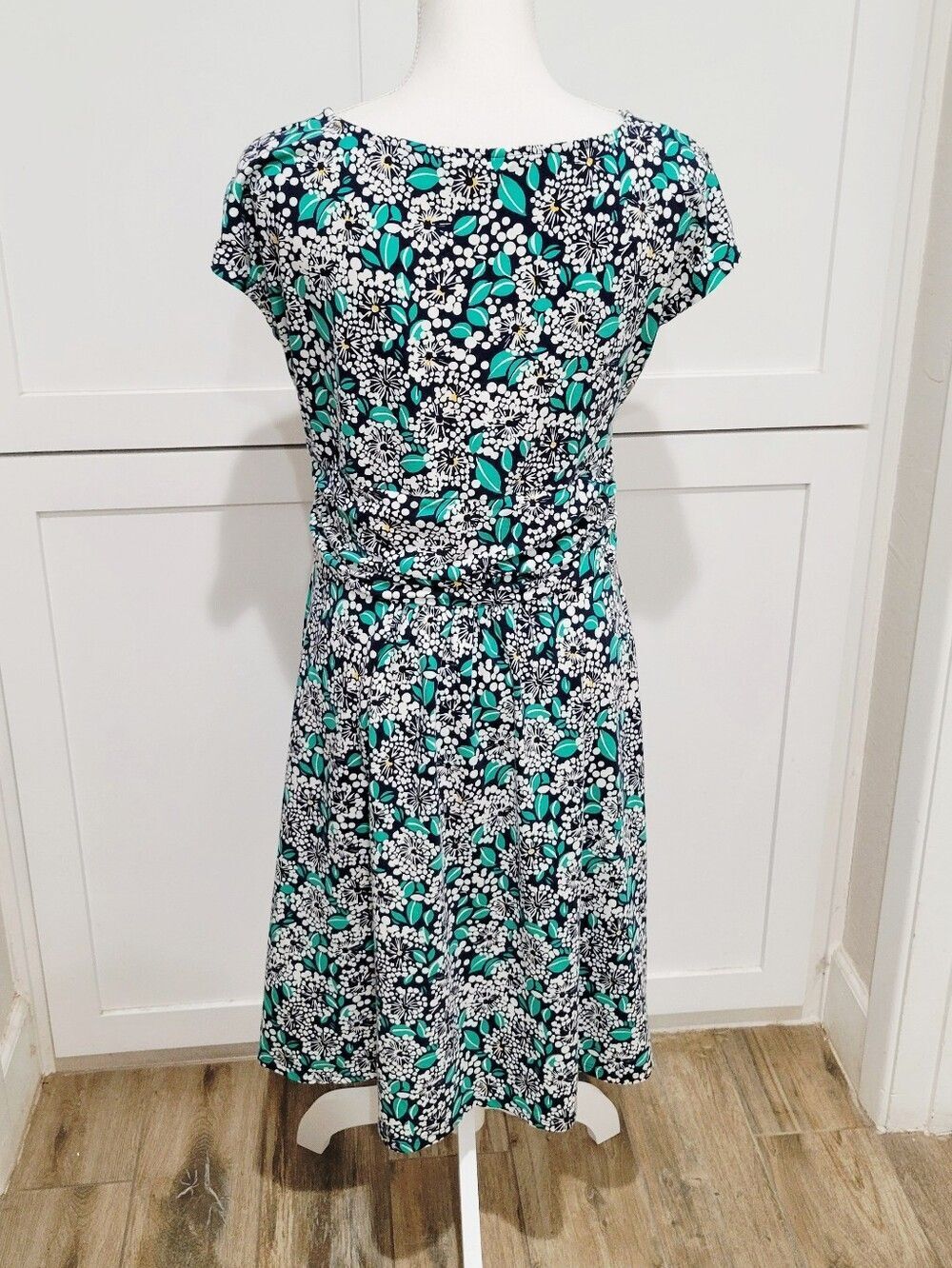 Lands' End Cotton Blend Teal, Navy & White Floral Print Midi Dress | Size Medium - Picture 4 of 7